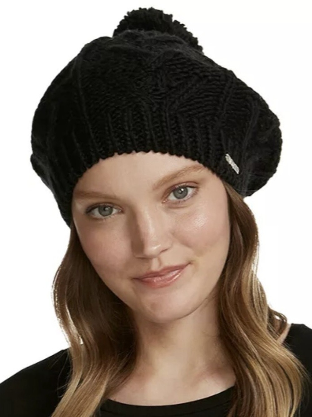 Steve Madden Black Knit Pom Pom Beret